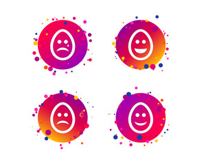 Eggs happy and sad faces icons. Crying smiley with tear symbols. Tradition Easter Pasch signs. Gradient circle buttons with icons. Random dots design. Vector