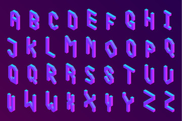 bold colorful isometric pixel 3d font. modern bright uppercase geometric alphabet letters set. stock vector illustration clipart