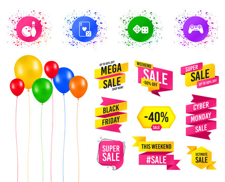 Balloons party. Sale banners. Bowling and Casino icons. Video game joystick and playing card with dice symbols. Entertainment signs. Birthday event. Trendy design. Vector