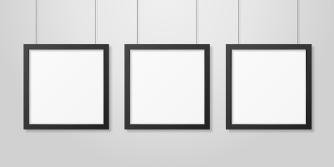 Three Vector Realistic Modern Interior Black Blank Square Wooden Poster Picture Frame Set Hanging on the Ropes on White Wall Mock-up. Empty Poster Frames Design Template for Mockup, Presentation