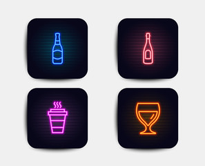 Neon set of Champagne, Beer bottle and Takeaway icons. Wine glass sign. Celebration drink, Brewery, Takeout coffee. Cabernet wineglass. Neon icons. Glowing light banners. Vector