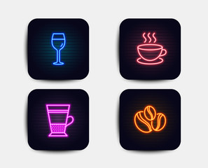 Neon set of Cappuccino, Double latte and Wine glass icons. Coffee-berry beans sign. Espresso cup, Tea cup, Bordeaux glass. Coffee beans. Neon icons. Glowing light banners. Vector