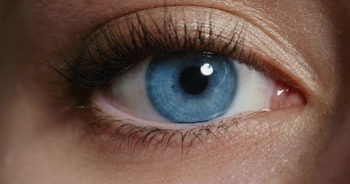 close up macro blue eye opening human iris natural beauty