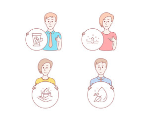 People set of Clean skin, Skin care and Mint leaves icons. Water drop sign. Cosmetics, Hand cream, Mentha leaf. Serum oil. Character hold circle button. Man with like hand. Vector