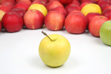 Yellow Apple on a background of red apples on white background