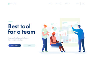 People work in a team and interact with graphs. Business, workflow management and office situations. Landing page template. 3d vector isometric illustration.