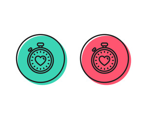 Heart in Timer line icon. Love symbol. Valentines day stopwatch sign. Positive and negative circle buttons concept. Good or bad symbols. Heartbeat timer Vector