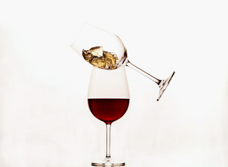 Two glasses with wine on white background, close up, copy space
