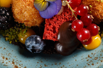 Dried apples with ground pistachios, garnished with forest fruits and molten chocolate