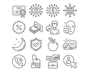 Set of Atm money, International globe and Face accepted icons. Tea bag, Artificial intelligence and Business portfolio signs. Discount, Certificate and User symbols. Vector