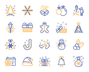Christmas, New year line icons. Santa hat, Gingerbread man and Gift box icons. Fireworks, Snowflake and christmas holly. Snowman, santa socks and Pine tree. New year ball, holiday calendar. Vector