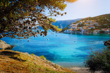 Fototapeta na wymiar Beautiful blue bay surrounded by pine trees in Assos village located on Kefalonia. Summer tourism vacation trip around Greece