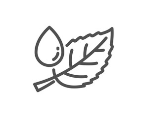 Mint leaf with water drop line icon. Nature plant dew sign. Environmental care symbol. Quality design flat app element. Editable stroke Leaf dew icon. Vector