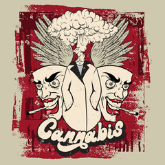 Cannabis. Vector handwritten lettering.  Hand drawn illustration of coat with burst and angry faces with cigarettes. Template for card, poster, banner, print for t-shirt ,pin, badge.