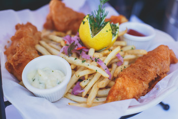 Close up view of traditional american fish and chips in Santa Barbara, California, United States