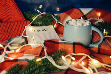 To do list with blank space. Beautiful Christmas holiday concept. Cup of hot coffee with marshmellow and Christmas lights on the red plaid background. Planning.