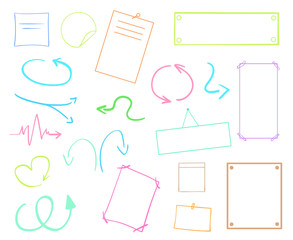 Infographic tables on isolated background. Collection of colorful desks on white. Arrows for design. Hand drawn simple signs