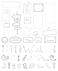 Infographic tables on isolated background. Collection of desks on white. Elements for design. Hand drawn simple signs. Black and white illustration