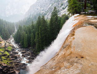 Vernal Falls seen from above; smoke from Ferguson Fire visible in the valley; Yosemite National Park, California