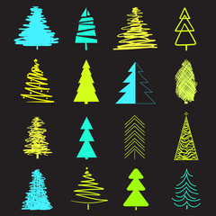 Obraz premium Abstract christmas trees on black. Set for trendy design on isolated background. Geometric art. Universal collection for banners, posters, t-shirts and textiles