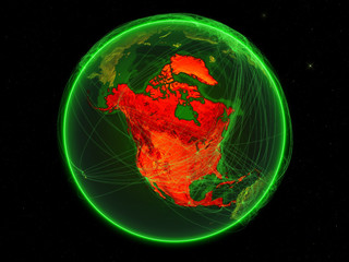 North America on green Earth with networks. May be representing air traffic, telecommunications or other communication network.