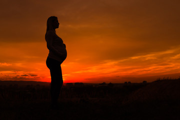Silhouette of pregnant woman enjoys spending time outdoor.