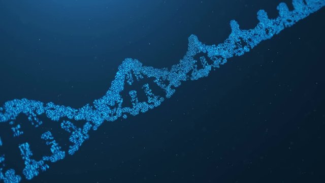 Rotated 3D rendered Artifical Intelegence DNA Molecule. DNA is converted into a binary code. Concept binary code genome. Abstract technology science, concept artifical Dna
