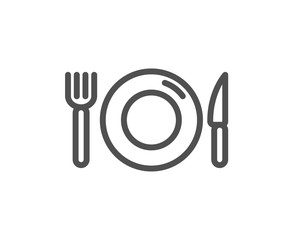 Food line icon. Restaurant sign. Fork, knife and plate symbol. Quality design flat app element. Editable stroke Food icon. Vector