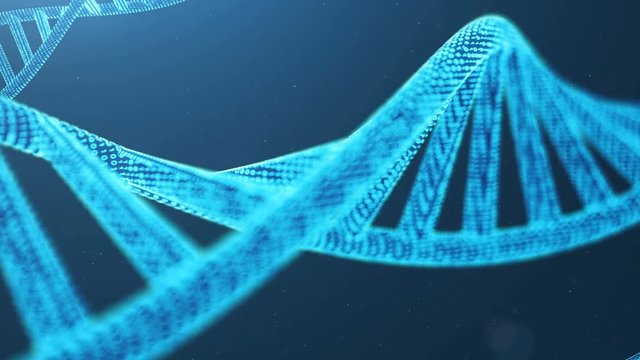 Rotated 3D rendered Artifical Intelegence DNA Molecule. DNA is converted into a binary code. Concept binary code genome. Abstract technology science, concept artifical Dna