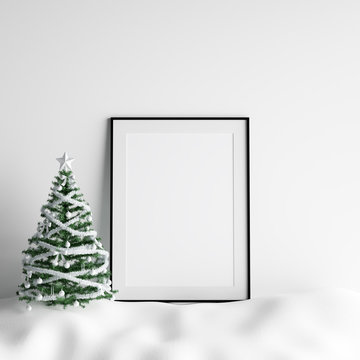 Mock Up Poster Frame Interior White Christmas Winter Decoration