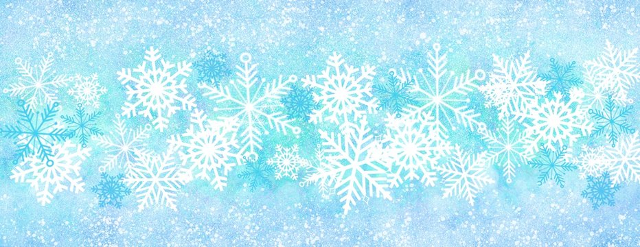 Winder wonderland wide panorama snowy snowflakes on blues header background for winter