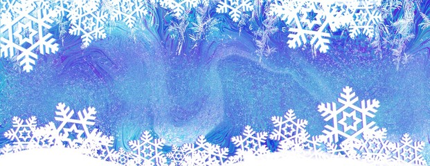 Winder wonderland wide panorama snowy snowflakes on blues header background for winter