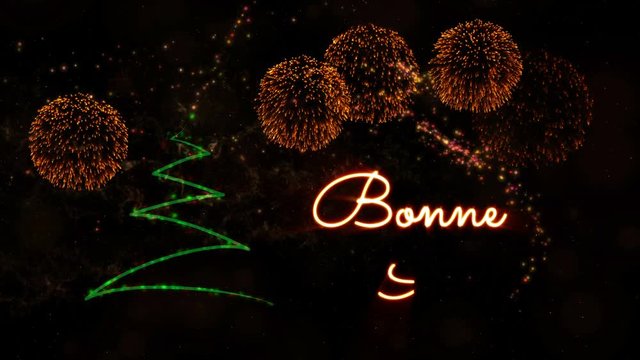 Happy New Year' text in French 'Bonne Annee' animation with pine tree and fireworks