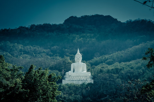 Luang Por Khao or white big Buddha on Si Siat Mountain,Wat Theppitak Punnaram,Phaya Yen,Pakchong district,Nakhon Ratchasima,northeastern Thailand.The statue was named Buddha Sakkol Sima Mongkol.
