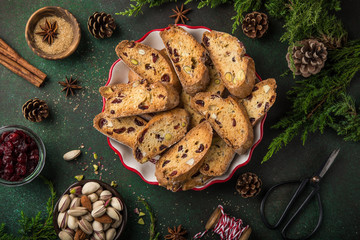 Traditional italian cookies biscotti with dried cranberry and nut