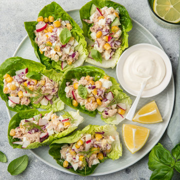 Tuna Salad Lettuce Wraps  On White Plate