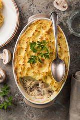 shepherd's pie. Chicken, mushrooms and  mashed potatoes casserole