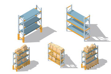 Set storage racks with boxes and pallets.