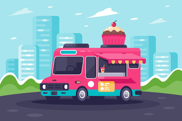 Flat urban van with sweets, cake and ice cream.