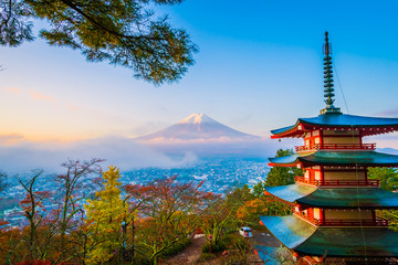 Beautiful landscape of mountain fuji with chureito pagoda around maple leaf tree in autumn season
