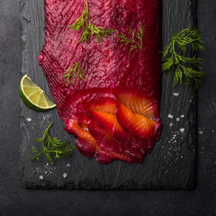 Gravlax,  scandinavian beet cured salmon