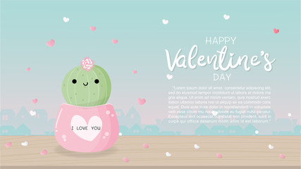Valentine's card with cute smiling cactus on a wooden table, sweet pastel color background with city on the back. Vector illustration. 