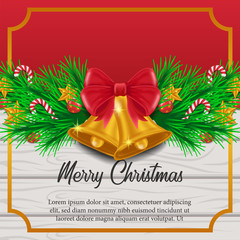 Fototapeta na wymiar Christmas banner celebration template with garland decoration with realistic golden bell with red and wood background. Vector illustration