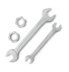 Up view of two wrenches and two female screws against white background.