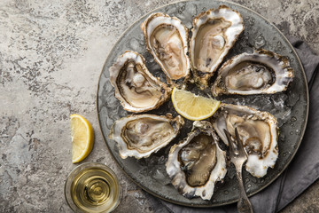  fresh raw oysters on gray plate served with lemon and white wine