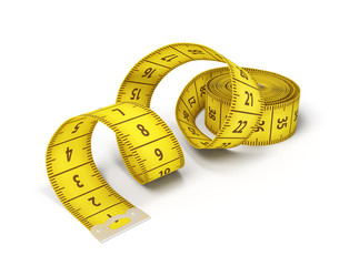 3d rendering of an isolated yellow tape measure half-rolled out with a metal clip on its end.