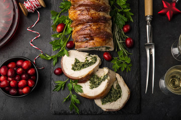 bacon wrapped turkey breast stuffed with spinach and cheese,