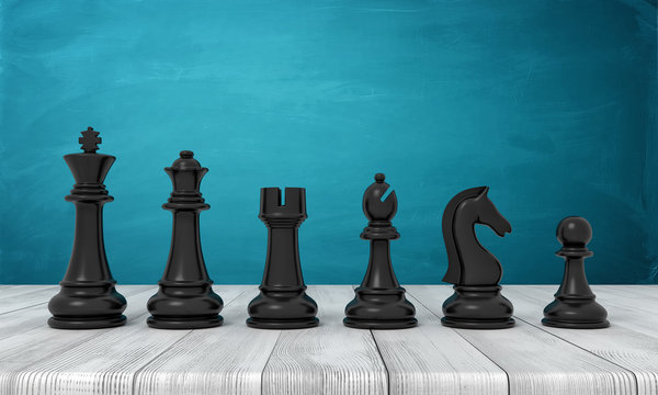 3d rendering of a full set of black chess figurines from the kind to the pawn standing in line on a wooden table.