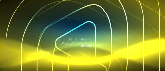 Neon glowing techno lines, hi-tech futuristic abstract background template with geometric shapes