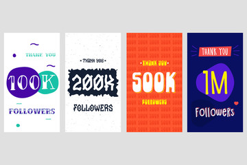 100k, 200k, 500k, 1m followers Social Media for story. Vector design